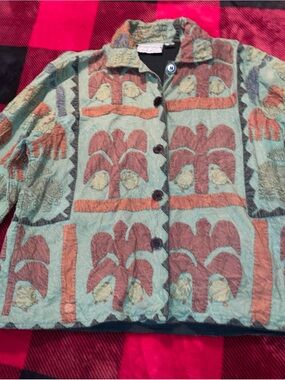 Palm-Print Patchwork Button Bomber Jacket in Aqua & Rust